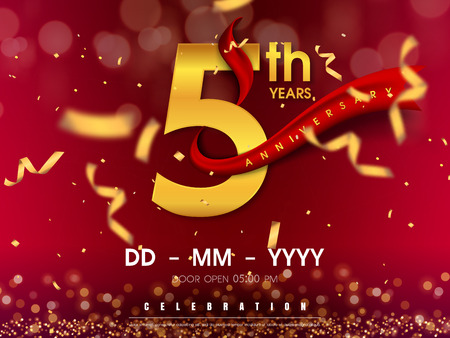 5 years anniversary logo template on gold background. 5th celebrating golden numbers with red ribbon vector and confetti isolated design elements