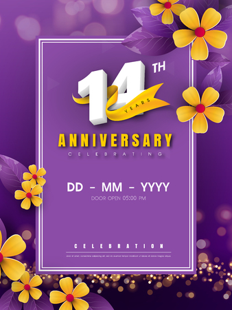 14 years anniversary logo template on golden flower and purple background. 14th celebrating white numbers with gold ribbon vector and bokeh design elements, anniversary invitation template card designのイラスト素材