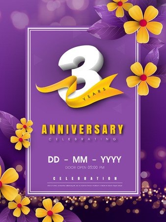 3 years anniversary logo template on golden flower and purple background. 3rd celebrating white numbers with gold ribbon vector and bokeh design elements, anniversary invitation template card designのイラスト素材