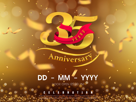 35 years anniversary logo template on gold background. 35th celebrating golden numbers with red ribbon vector and confetti isolated design elementsのイラスト素材