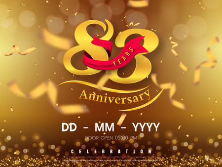 83 years anniversary  template on gold background. 83rd celebrating golden numbers with red ribbon vector and confetti isolated design elementsのイラスト素材