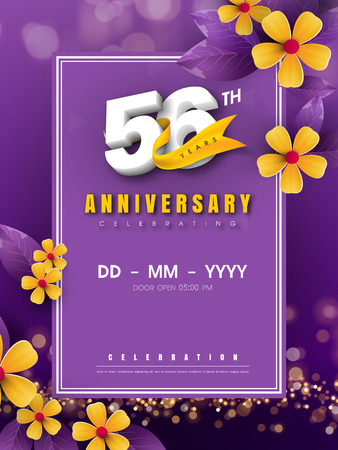 56 years anniversary template on golden flower and purple background. 56th celebrating white numbers with gold ribbon vector and bokeh design elements, anniversary invitation template card designのイラスト素材