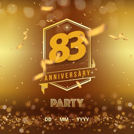 83 years anniversary template on gold background. 83rd celebrating golden numbers with ribbon and confetti isolated design elements.のイラスト素材