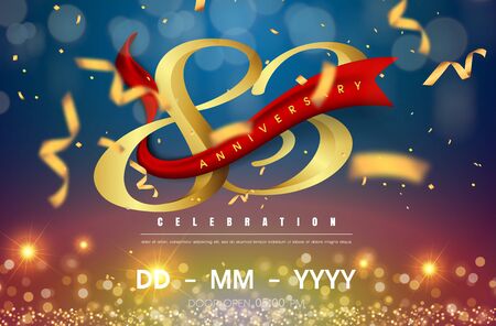 83 years anniversary logo template on gold and blue background. 73rd celebrating golden numbers with red ribbon vector and confetti isolated design elementsのイラスト素材