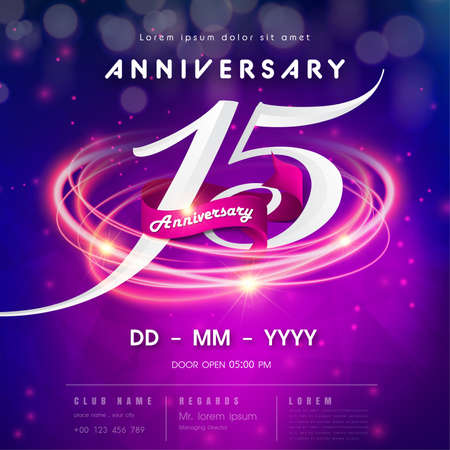 15 years anniversary logo template on purple Abstract futuristic space background. 15th modern technology design celebrating numbers with Hi-tech network digital technology concept design elements.のイラスト素材