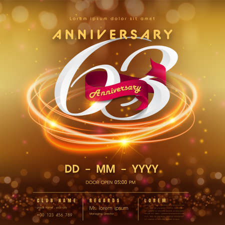 63 years anniversary logo template on golden Abstract futuristic space background. 63rd modern technology design celebrating numbers with Hi-tech network digital technology concept design elements.のイラスト素材