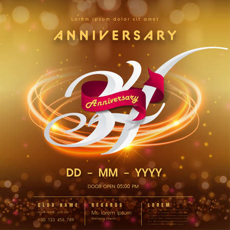 34 years anniversary logo template on golden Abstract futuristic space background. 34th modern technology design celebrating numbers with Hi-tech network digital technology concept design elements.のイラスト素材