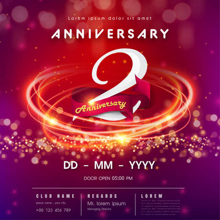 2 years anniversary logo template on red and pink Abstract futuristic space background. 2nd modern technology design celebrating numbers with Hi-tech network digital technology concept design elementsのイラスト素材