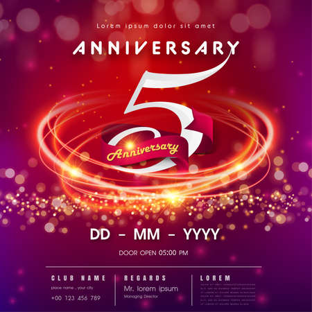 5 years anniversary logo template on red and pink Abstract futuristic space background. 5th modern technology design celebrating numbers with Hi-tech network digital technology concept design elementsのイラスト素材