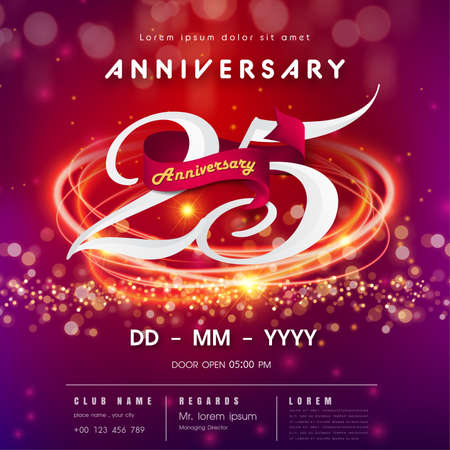25 years anniversary logo template on red and pink  futuristic space background. 25th modern technology design celebrating numbers with Hi-tech network digital technology concept design elementsのイラスト素材