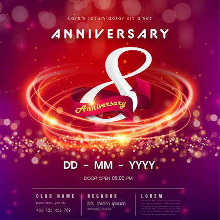 8 years anniversary logo template on red and pink Abstract futuristic space background. 8th modern technology design celebrating numbers with Hi-tech network digital technology concept design elementsのイラスト素材