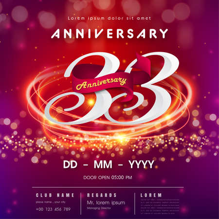 33 years anniversary logo template on red and pink  futuristic space background. 33rd modern technology design celebrating numbers with Hi-tech network digital technology concept design elementsのイラスト素材