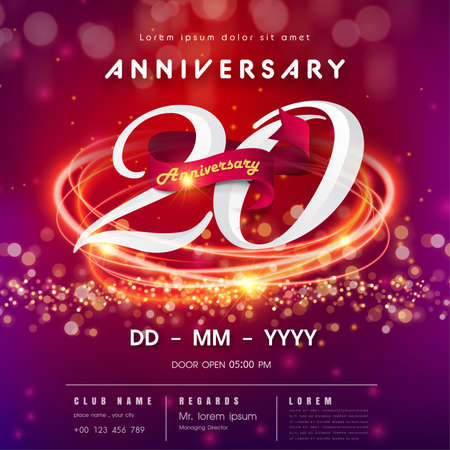 20 years anniversary logo template on red and pink Abstract futuristic space background. 20th modern technology design celebrating numbers with Hi-tech network digital technology concept design elementsのイラスト素材