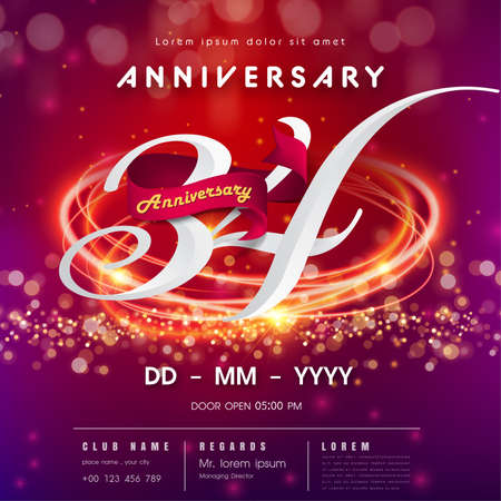 34 years anniversary logo template on red and pink  futuristic space background. 34th modern technology design celebrating numbers with Hi-tech network digital technology concept design elementsのイラスト素材
