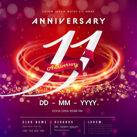 11 years anniversary logo template on red and pink Abstract futuristic space background. 11th modern technology design celebrating numbers with Hi-tech network digital technology concept design elementsのイラスト素材