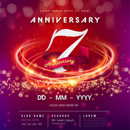 7 years anniversary logo template on red and pink Abstract futuristic space background. 7th modern technology design celebrating numbers with Hi-tech network digital technology concept design elementsのイラスト素材