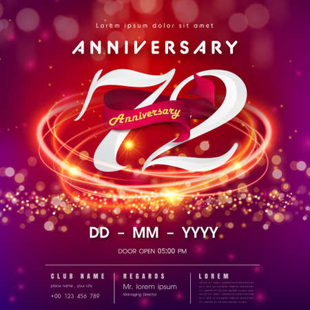 72 years anniversary logo template on red and pink  futuristic space background. 72nd modern technology design celebrating numbers with Hi-tech network digital technology concept design elementsのイラスト素材