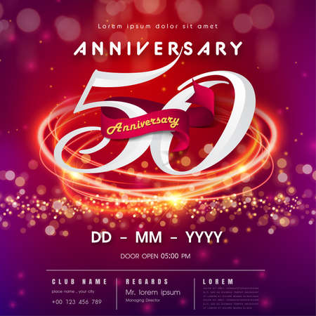 50 years anniversary logo template on red and pink  futuristic space background. 50th modern technology design celebrating numbers with Hi-tech network digital technology concept design elementsのイラスト素材