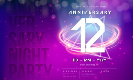 12 years anniversary  template on purple Abstract futuristic space background. 12th modern technology design celebrating numbers with Hi-tech network digital technology concept design elements.のイラスト素材