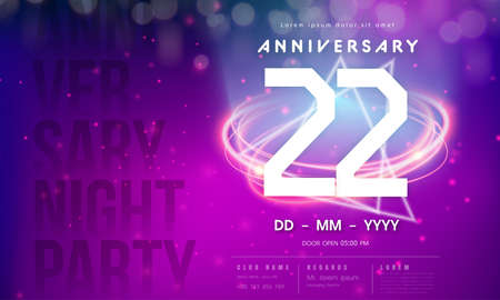 22 years anniversary  template on purple Abstract futuristic space background. 22nd modern technology design celebrating numbers with Hi-tech network digital technology concept design elements.のイラスト素材