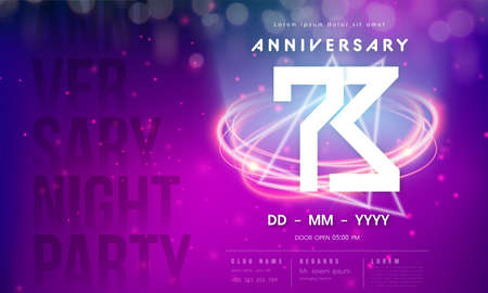 73 years anniversary  template on purple Abstract futuristic space background. 73rd modern technology design celebrating numbers with Hi-tech network digital technology concept design elements.のイラスト素材