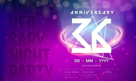 36 years anniversary  template on purple Abstract futuristic space background. 36th modern technology design celebrating numbers with Hi-tech network digital technology concept design elements.のイラスト素材
