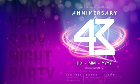 43 years anniversary  template on purple Abstract futuristic space background. 43rd modern technology design celebrating numbers with Hi-tech network digital technology concept design elements.のイラスト素材