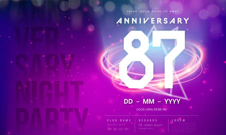 87 years anniversary  template on purple Abstract futuristic space background. 87th modern technology design celebrating numbers with Hi-tech network digital technology concept design elements.のイラスト素材