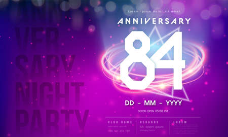 84 years anniversary   template on purple Abstract futuristic space background. 84th modern technology design celebrating numbers with Hi-tech network digital technology concept design elements.のイラスト素材
