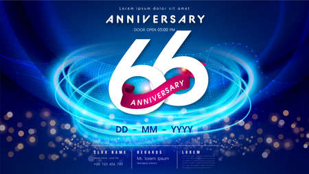 66 years anniversary  template on dark blue Abstract futuristic space background. 66th modern technology design celebrating numbers with Hi-tech network digital technology concept design elements.のイラスト素材