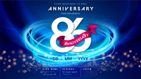 86 years anniversary  template on dark blue Abstract futuristic space background. 86th modern technology design celebrating numbers with Hi-tech network digital technology concept design elements.のイラスト素材