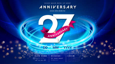 27 years anniversary  template on dark blue Abstract futuristic space background. 27th modern technology design celebrating numbers with Hi-tech network digital technology concept design elements.の写真素材