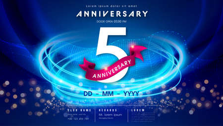 5 years anniversary  template on dark blue Abstract futuristic space background. 5th modern technology design celebrating numbers with Hi-tech network digital technology concept design elements.の写真素材