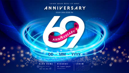 69 years anniversary  template on dark blue Abstract futuristic space background. 69th modern technology design celebrating numbers with Hi-tech network digital technology concept design elements.のイラスト素材