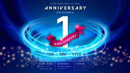 1 years anniversary  template on dark blue Abstract futuristic space background. 1st modern technology design celebrating numbers with Hi-tech network digital technology concept design elements.の写真素材