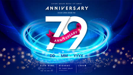79 years anniversary  template on dark blue Abstract futuristic space background. 79th modern technology design celebrating numbers with Hi-tech network digital technology concept design elements.のイラスト素材