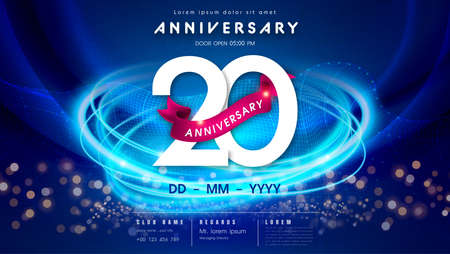 20 years anniversary  template on dark blue Abstract futuristic space background. 20th modern technology design celebrating numbers with Hi-tech network digital technology concept design elements.の写真素材