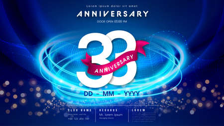 33 years anniversary  template on dark blue Abstract futuristic space background. 33rd modern technology design celebrating numbers with Hi-tech network digital technology concept design elements.の写真素材