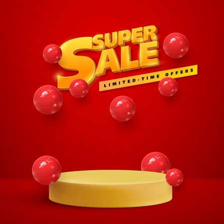 Abstract minimal scene with sale banner forms. cylinder podium in yellow background with geometric design. product presentation, mockup, show product, podium, stage pedestal or platform.のイラスト素材