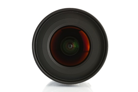 Front view of camera lens on white background
