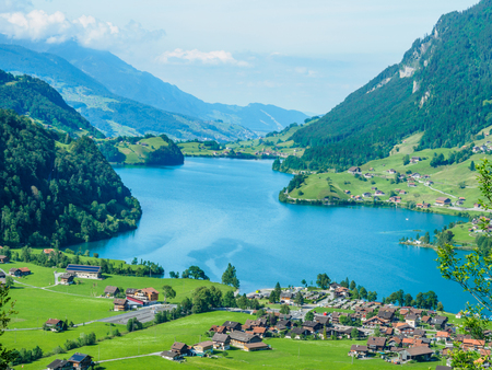 High view point lake Lungern and village from Brunig Pass, Switzerland.の写真素材
