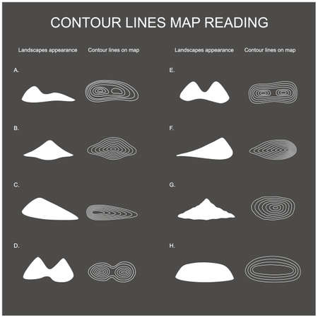 Contour Lines Map Reading. Mountains white colour picture and reading contour lines map. vector line.のイラスト素材