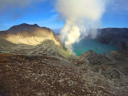 Kawah Ijen, sulfur lake in volcanic crater in East Java, Indonesiaの写真素材