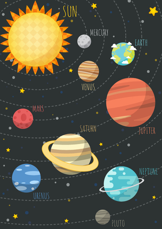 The Colorful Solar System. Sun and Planets on orbit with universe background , Vector illustrations  in cartoon style.のイラスト素材