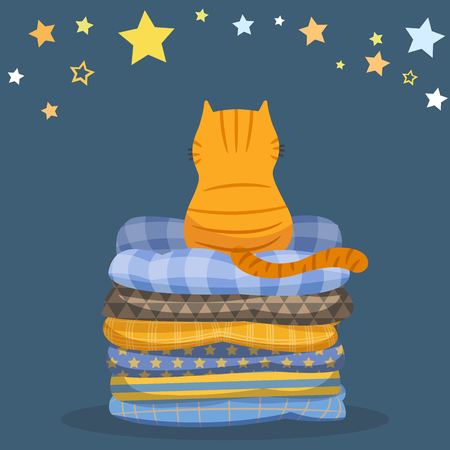 Vector illustration character design backside of cat sitting comfortably on top of a pile of colorful cushions pillows with starry night background. Pets concept draw doodle cartoon style.のイラスト素材
