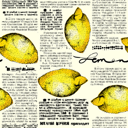 The stylized image of newspaper with lemons. Seamless background.のイラスト素材