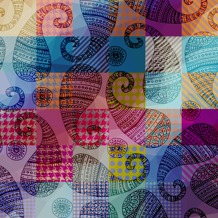 Seamless background pattern. Paisley pattern on plaid geometric background.のイラスト素材