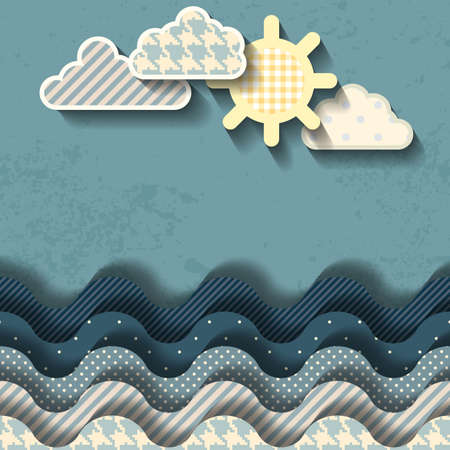 Background in cartoon style, with sea and cloudsのイラスト素材