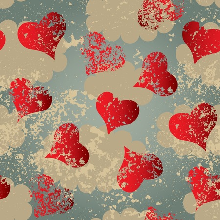 Seamless background pattern. Grunge hearts on retro sky background.のイラスト素材
