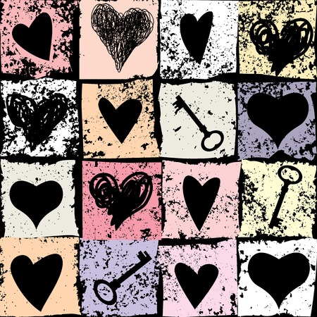Seamless background pattern. Grunge hearts and keys pattern.のイラスト素材